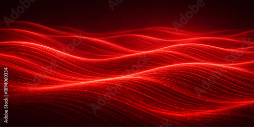A vibrant red abstract fractal wave background features flowing energy lines and a digital motion pattern with purple and blue light textures for a modern wallpaper design