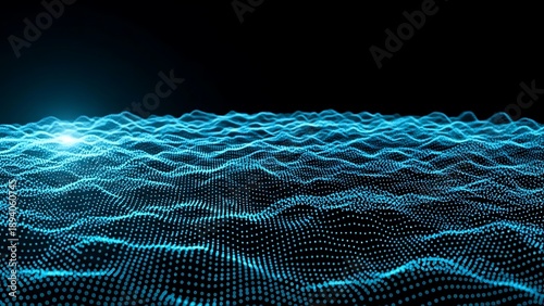 Futuristic blue wave pattern on black background with glowing light