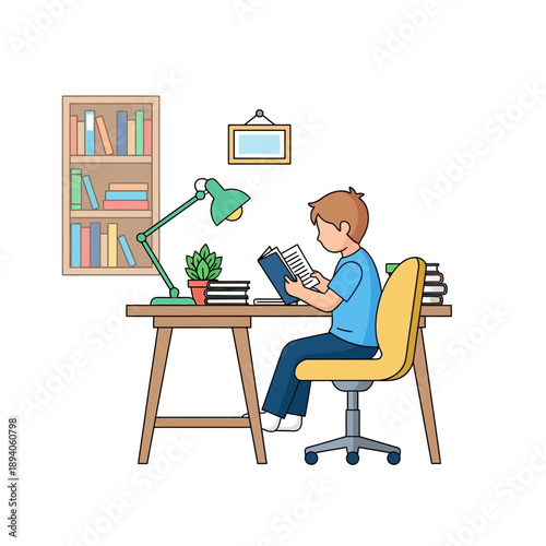 Boy reading book at desk with lamp and bookshelf, studying, learning concept