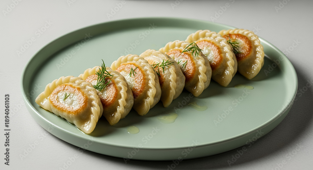 custom made wallpaper toronto digitalCabbage dumplings arranged on a pastel green plate with a clean and modern presentation 