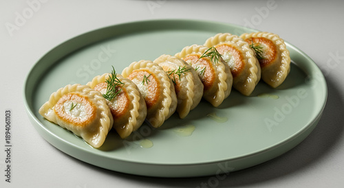Wallpaper Mural Cabbage dumplings arranged on a pastel green plate with a clean and modern presentation  Torontodigital.ca