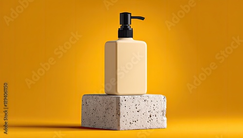 A beige, rectangular dispenser with a black pump sits atop a textured stone block against a yellow backdrop