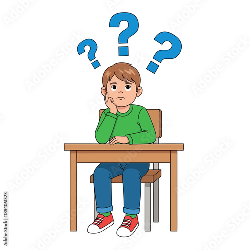 Confused boy sitting at desk with question marks above head, thinking or unsure