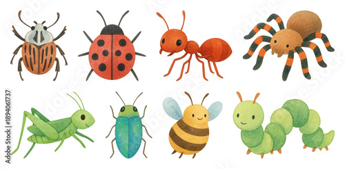PNG Colorful cartoon insects element set on transparent background