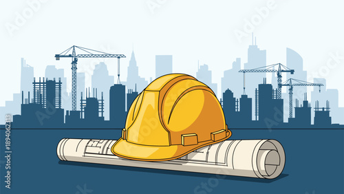Construction concept featuring a yellow hard hat resting on a rolled-up blueprint plan with a city skyline and cranes in the distance.