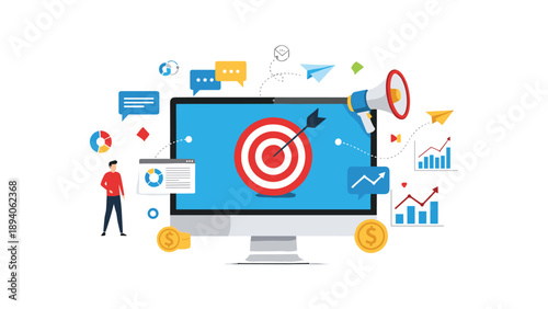 Comprehensive business marketing concept showing a computer monitor with a target, various icons, and a man standing next to it.