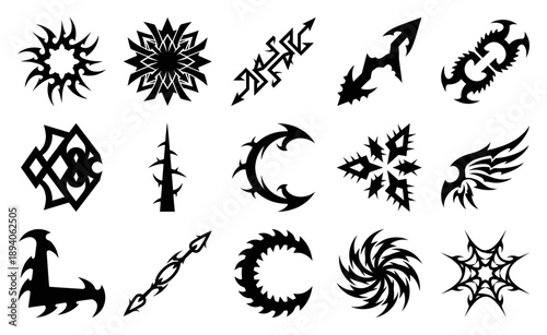 Tribal Neo-Sigil Sharp Edge Graphic Element Kit for Dark Fantasy Branding and Edgy Apparel Design