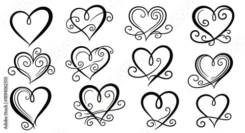 Collection of Elegant Hand Drawn Heart Illustrations with Swirls and Flourishes.