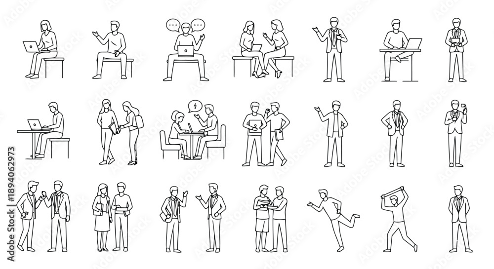 Fototapeta premium Collection of modern business and workplace icons featuring professionals engaging in meetings, presentations, and remote work activities