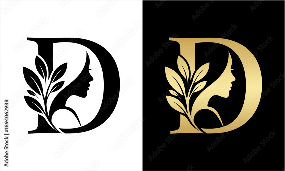 Fototapeta premium Elegant Letter D Logo with Womans Profile and Leaf Design.