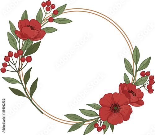 Red poppy flower wreath with green leaves on white background