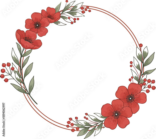 Red poppy flower wreath on white background with green leaves and stems