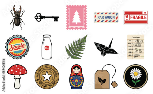 Vintage Ephemera Mixed Media Graphic Asset Sheet for Nostalgic Scrapbooking and Retro Branding Designs