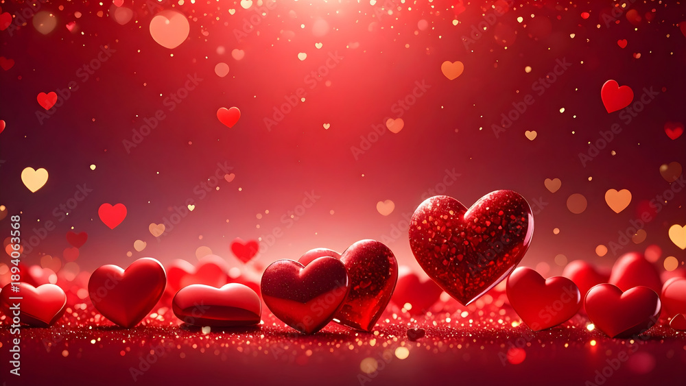 Obraz premium Romantic red background with 3D glossy hearts and golden glitter. Festive bokeh lights for Valentine's Day. Perfect for love-themed greeting cards, wedding invites, and digital marketing.