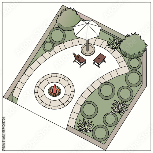 Aerial Landscape Plan: Backyard with Fire Pit and Patio