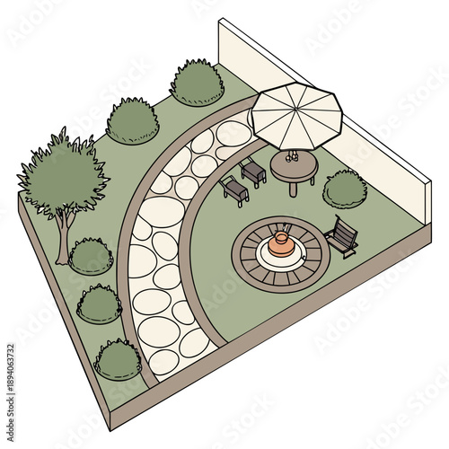 Aerial Landscape Plan: Backyard with Fire Pit and Seating
