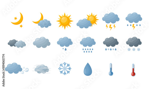 Flat cartoon weather icons collection isolated on transparent background.Moon, stars, sun,  clouds, rain, snow, wind, fog, lightning, temperature.Elements for weather forecas.Vector illustration.