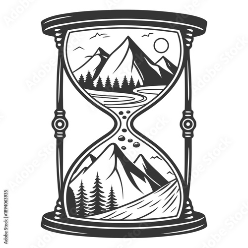 Nature's Cycle Hourglass: Mountains Above Ocean Below Concept Art