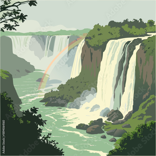 Majestic Waterfall with Rainbow Mist - Ultra Realistic Vector Art