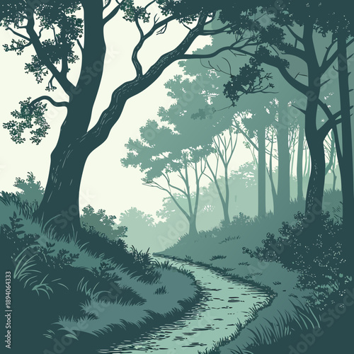 Dreamy Forest Path Landscape with Morning Fog and Soft Light