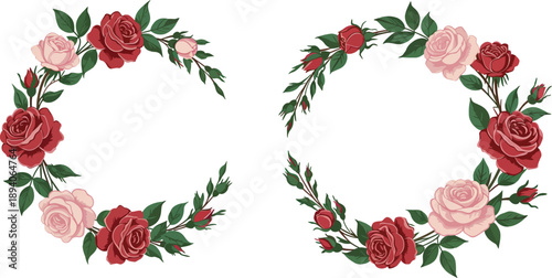 Two beautiful floral wreaths with red and pink roses and green leaves decoration