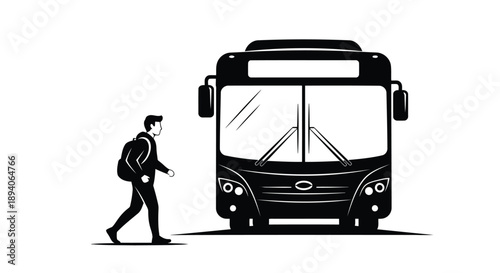 Silhouette of commuter approaching urban transit bus with sleek design and windshield wipers in monochrome illustration