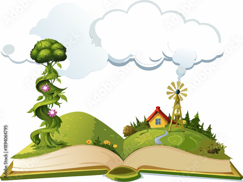 A whimsical landscape emerges from an open storybook with clouds