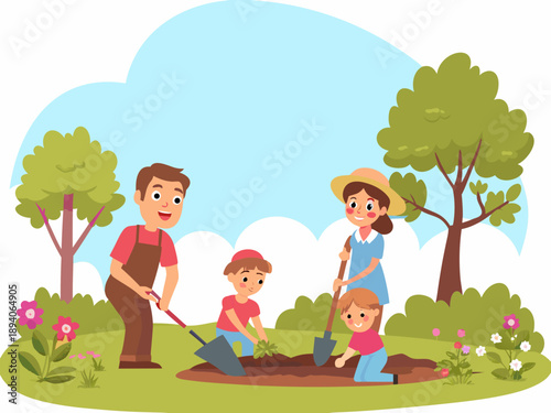 Family planting a tree together in a vibrant garden scene