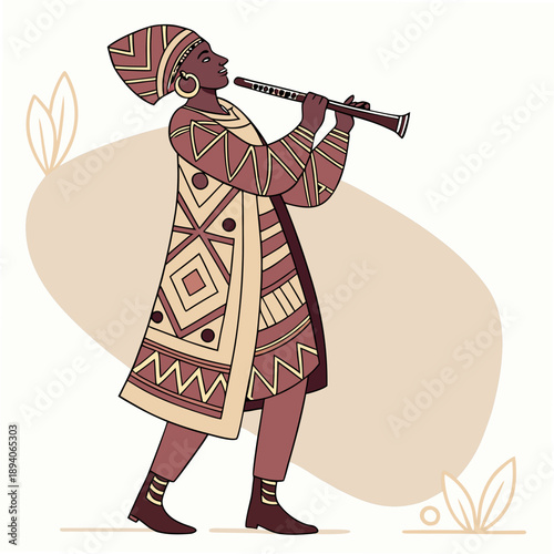 African musician playing traditional flute in ethnic attire