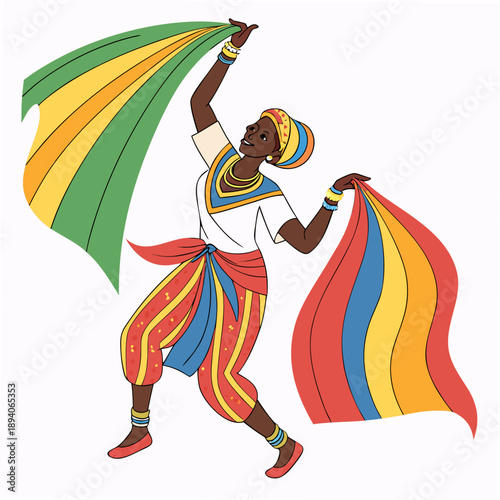 Colorful dancer with fabric streamers colorful outfit