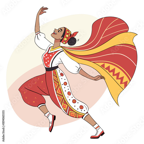 Folk dancer in red and yellow costume with white shirt