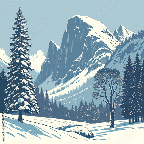 Cold Winter Snow Mountain Landscape with Clear Blue Sky