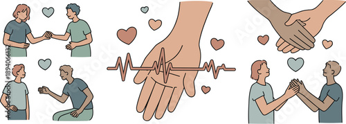 Human connection, empathy illustration, emotional bonding, compassion scenes, supportive gestures, caring hands, heart symbols, interpersonal relationships, flat vector illustration