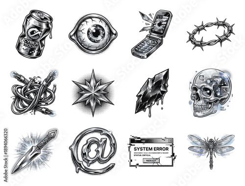 Cyberpunk Neo-Noir Woodcut Engraving Element Kit for Y2K Tech Aesthetic and Gritty Graphic Design