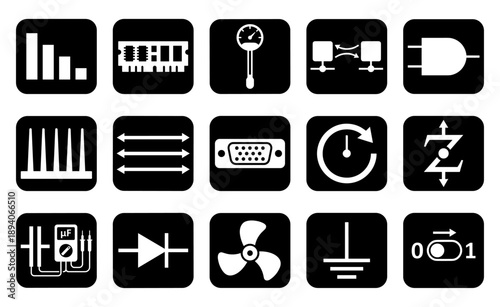 Flat Vector Computer Hardware and Electronic Components Icon Set for Technical Engineering and Hardware Diagnostics