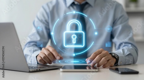 A man in a blue shirt works on his laptop with a digital padlock icon hovering above the keyboard, symbolizing online security and protection.