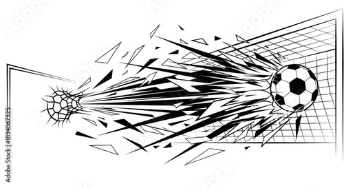 Dynamic Soccer Ball Breaking Through Goal Net with Explosion Effect, Powerful Goal Scoring Action, Isolated White Background