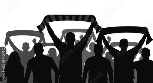 Enthusiastic Silhouette Crowd of Soccer Fans Cheering with Scarves in Stadium Setting