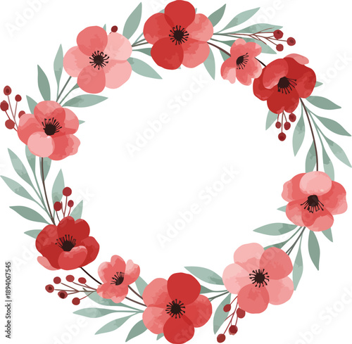 Watercolor floral wreath with red pink flowers and green leaves on white background