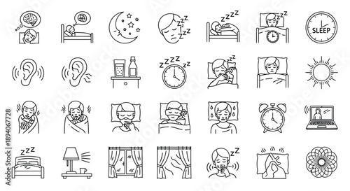 Collection of hand-drawn icons illustrating sleep patterns, insomnia struggles, bedtime routines, and morning wake-up challenges in minimalist style