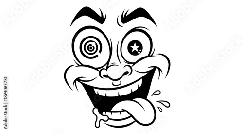 Humorous black and white cartoon face with a crazy, exaggerated expression and sticking tongue out, isolated white background.