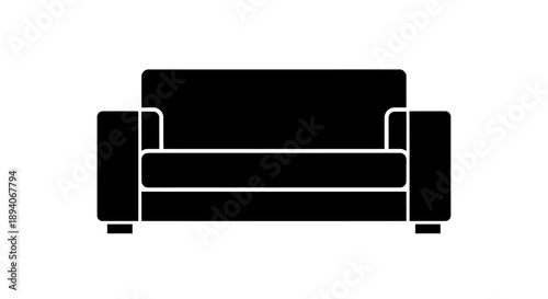 Black silhouette of a modern comfortable two-seater sofa with cushions, isolated white background.