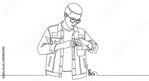 Line drawing of a young man wearing glasses and a denim jacket, interacting with clothing on a transparent background