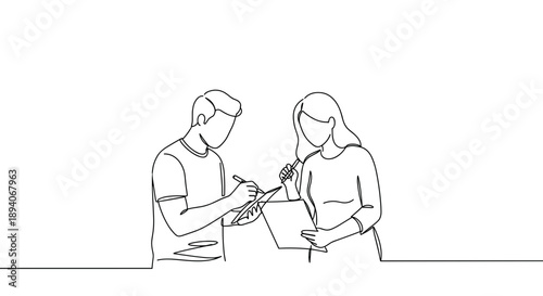 Line drawing of two people collaborating on a project seated at a table on a transparent background