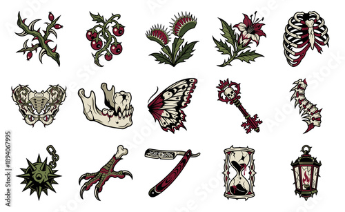 Dark Neo-Traditional Gothic Macabre Illustration Graphic Element Kit for Alternative Tattoo Flash and Edgy Design