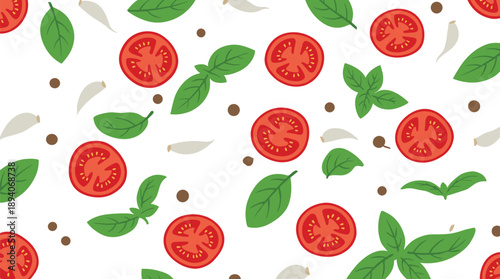 Pizza ingredients pattern, tomatoes basil garlic and peppercorns on transparent background