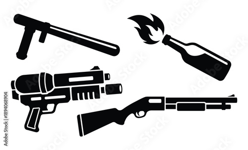 Set of various weapons including riot baton, molotov cocktail, and firearms