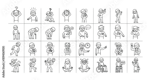 Collection of expressive human emotions and daily activities illustrated in minimalist black and white line drawings showing moods and interactions