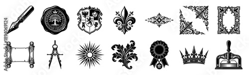 Vintage Heraldry Woodcut Engravings Graphic Set for Luxury Stationery and Antique Branding
