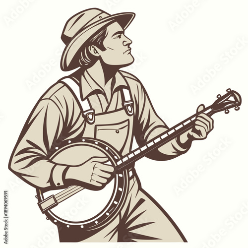 Folk musician playing banjo in overalls and hat